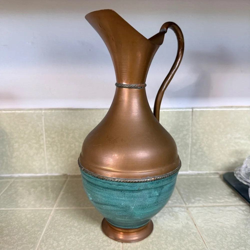 Vintage Copper Pitcher Ewer Verdigris‎ Teal Patina Decorative Vase 11.5 Inch
